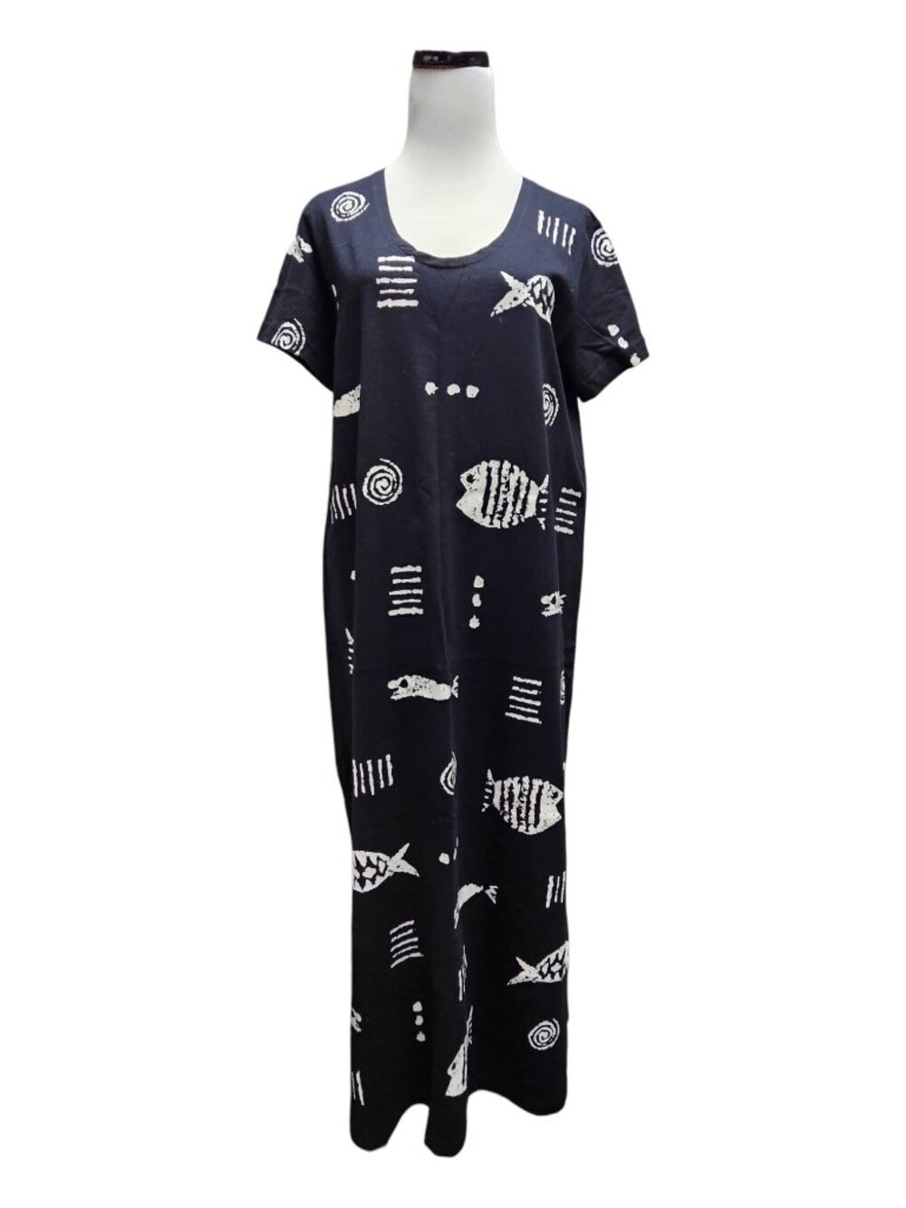 90s M.MAC silk-screened fish maxi shirt dress . M Petite